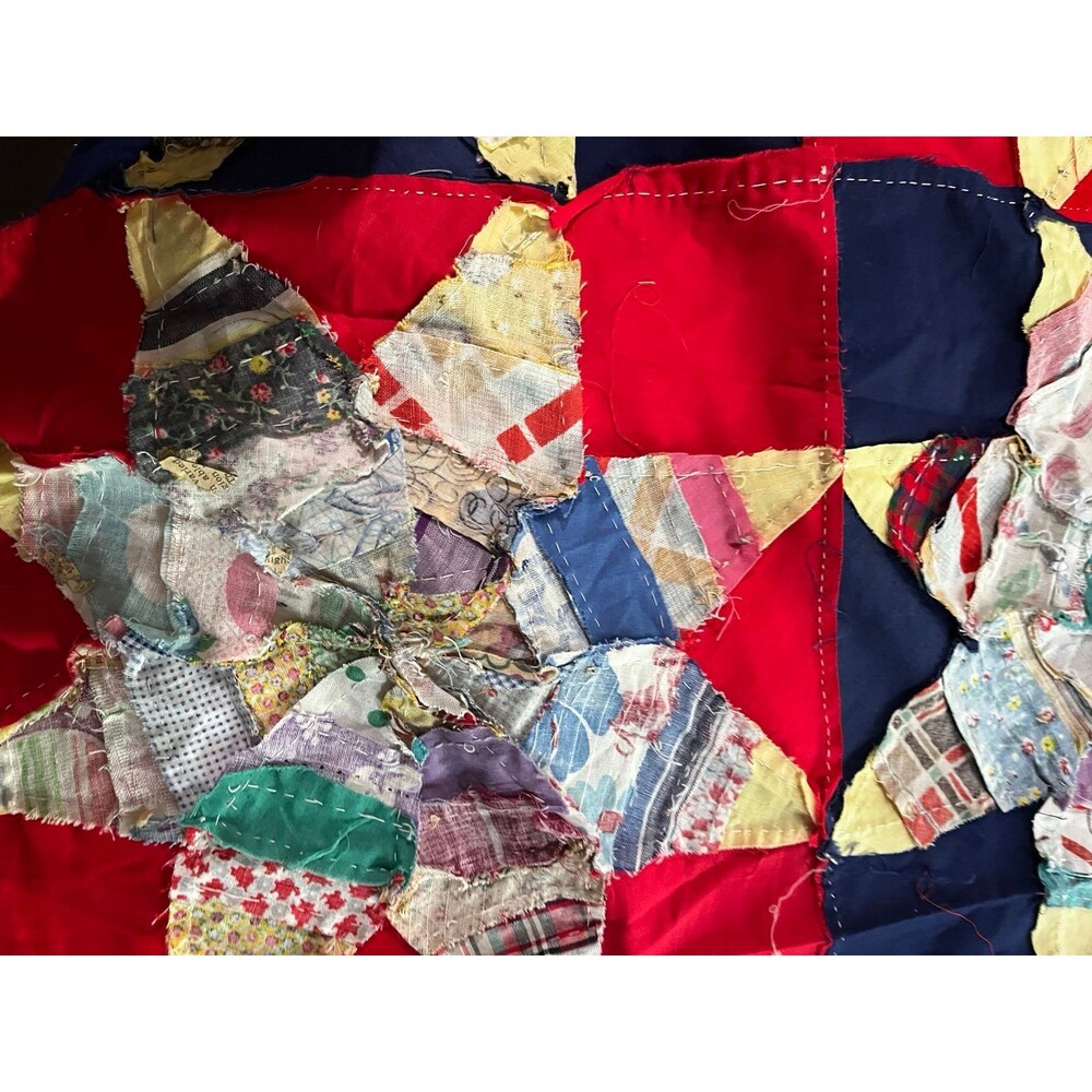 Vintage Handstitched Quilt Topper Red Navy Star Pattern Cottage core 82” x 71” - Picture 10 of 11